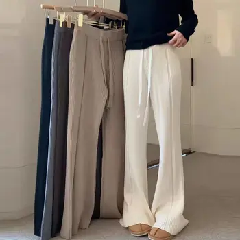 2023, Корея, осенне-зимние трикотажные расклешенные брюки для женщин в полоску с высокой талией, модные драпированные свободные трикотажные повседневные женские брюки