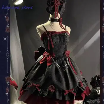 Викторианское темно-готическое платье в стиле Лолиты Jsk, женские винтажные элегантные платья принцессы с бантом в виде розы и ремешка, платье для чаепития для девочек