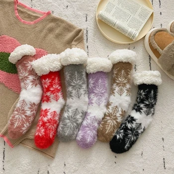 Женские пушистые носки-тапочки, рождественские нескользящие плюшевые носки в виде снежинок с захватами X4YC