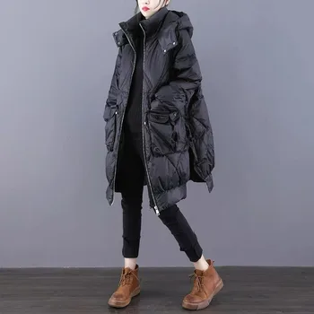 Зима 2023, Новый женский пуховик средней длины из белого утиного пуха 90, Свободная Корейская версия, утолщенная куртка с капюшоном для похудения