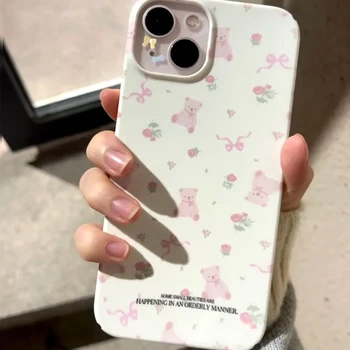 Корейский Мультяшный Розовый Медведь Чехол для телефона iPhone 15 14 11 12 13 Pro Max в стиле Ретро с Милым Бантом Чехол для Телефона iPhone XR XS MAX 7 8Plus
