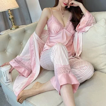 Пижамы Женские, пижамный костюм из 3 предметов, Атласный пижамный комплект, сексуальная кружевная пижама, домашняя одежда, Мягкое интимное белье, новая одежда для отдыха